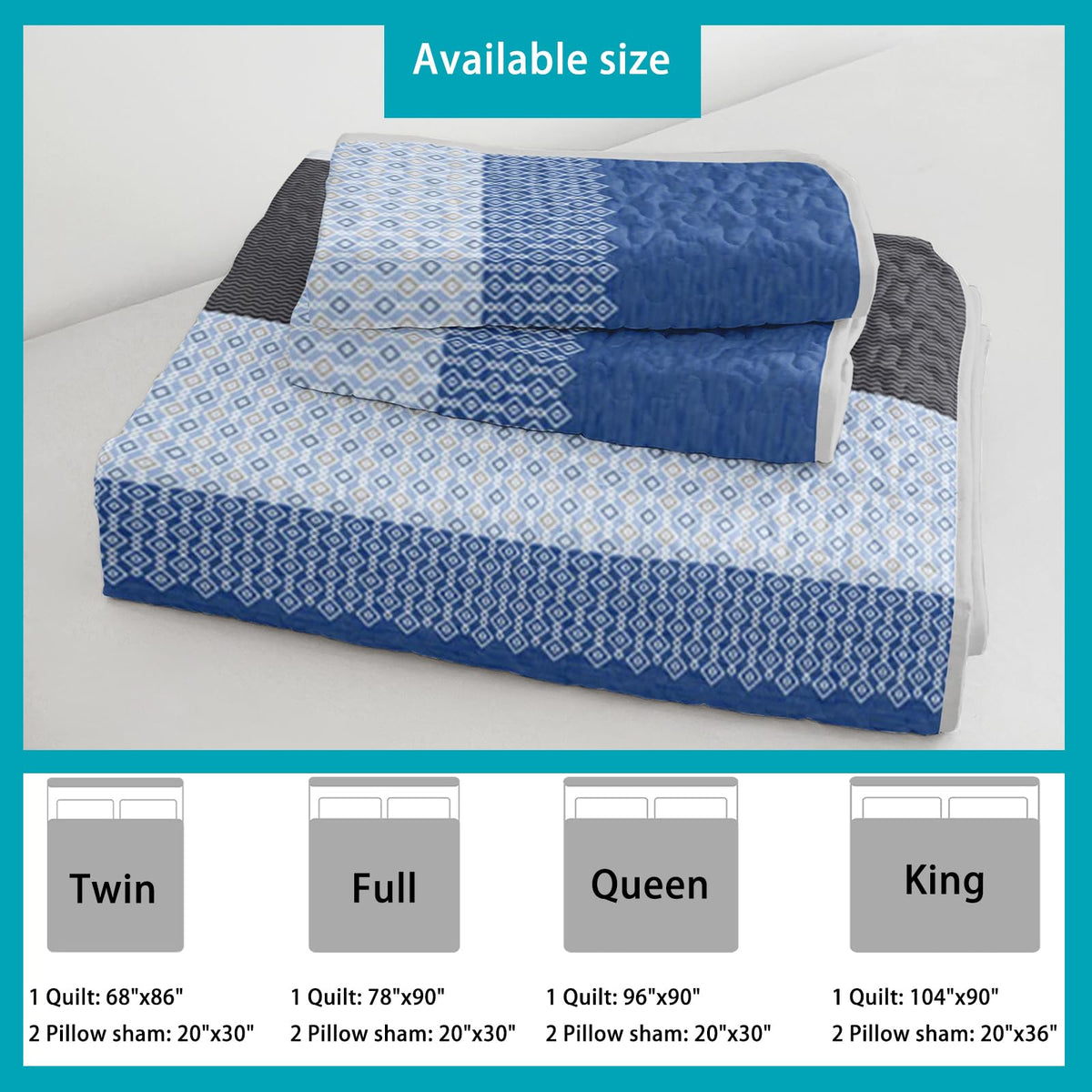 Grey and Blue Stripe Quilt Set, Grey Blue Boho Geometric Bedspread, 3 Pieces Patchwork Stripes Bed Cover