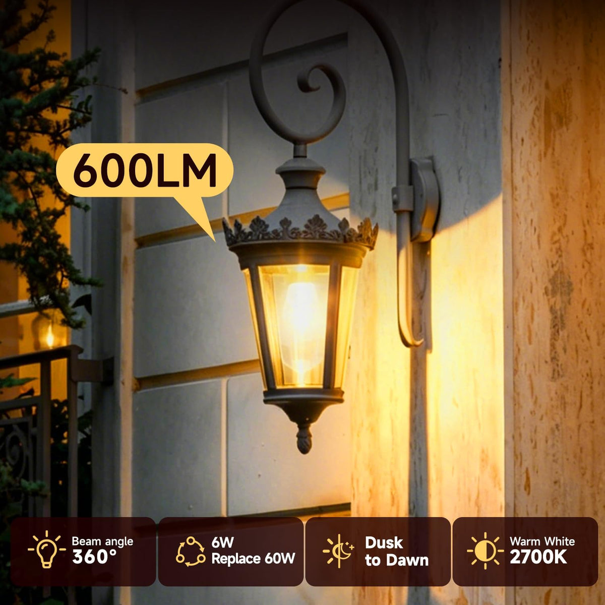 Dusk to Dawn ST64 Edison Light Bulbs Outdoor, 60W Equivalent 4 Pack