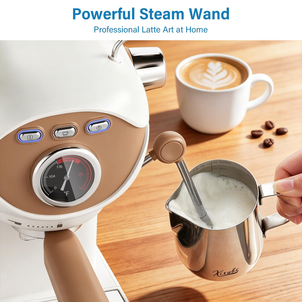 Espresso Machine, Compact Espresso Maker with Milk Frother, White
