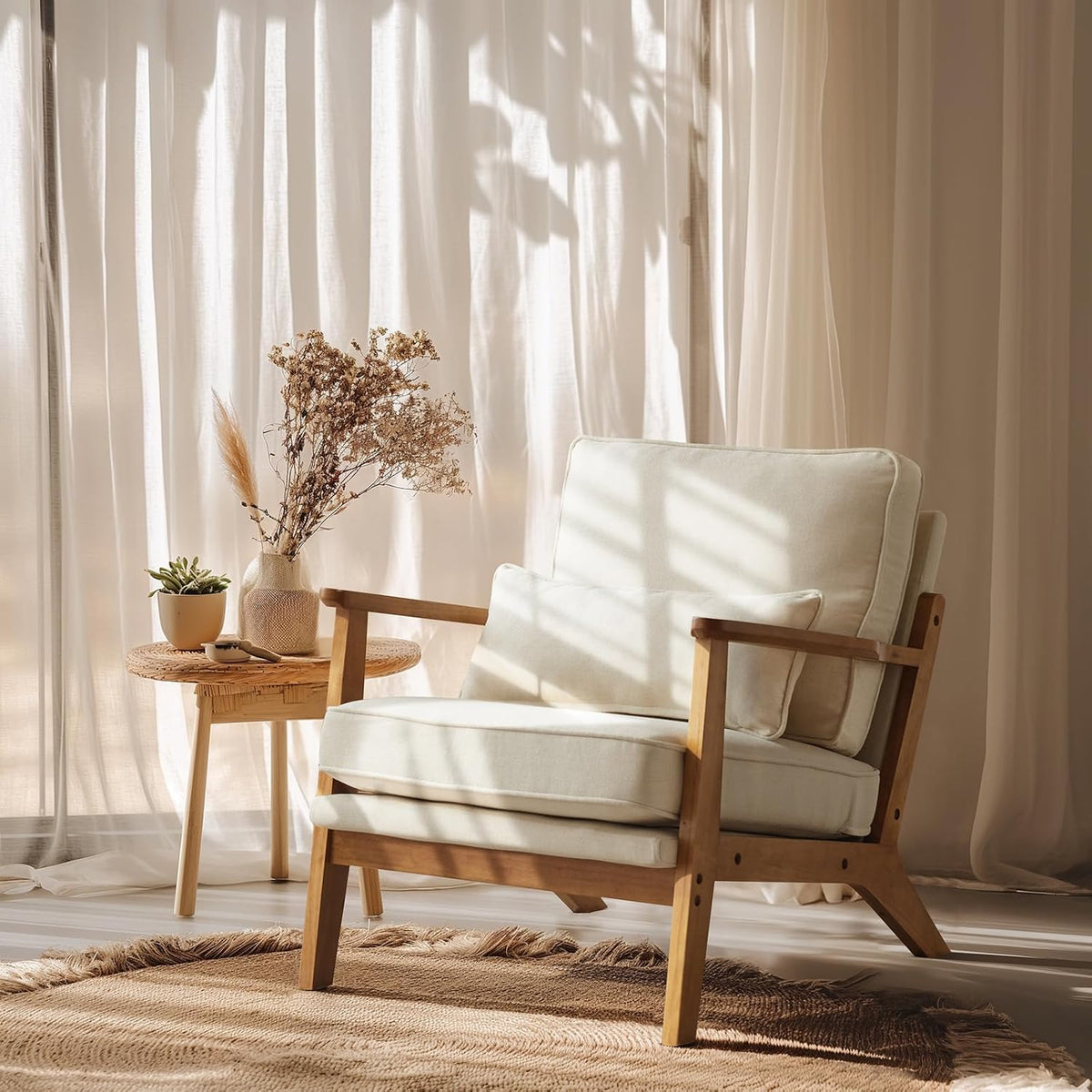 Mid-Century Upholstered Accent Chair with Wide Solid Wood Armrests