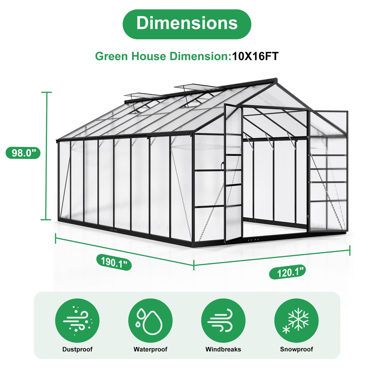 10X16 FT Walk-in Polycarbonate Heavy Duty Greenhouse
