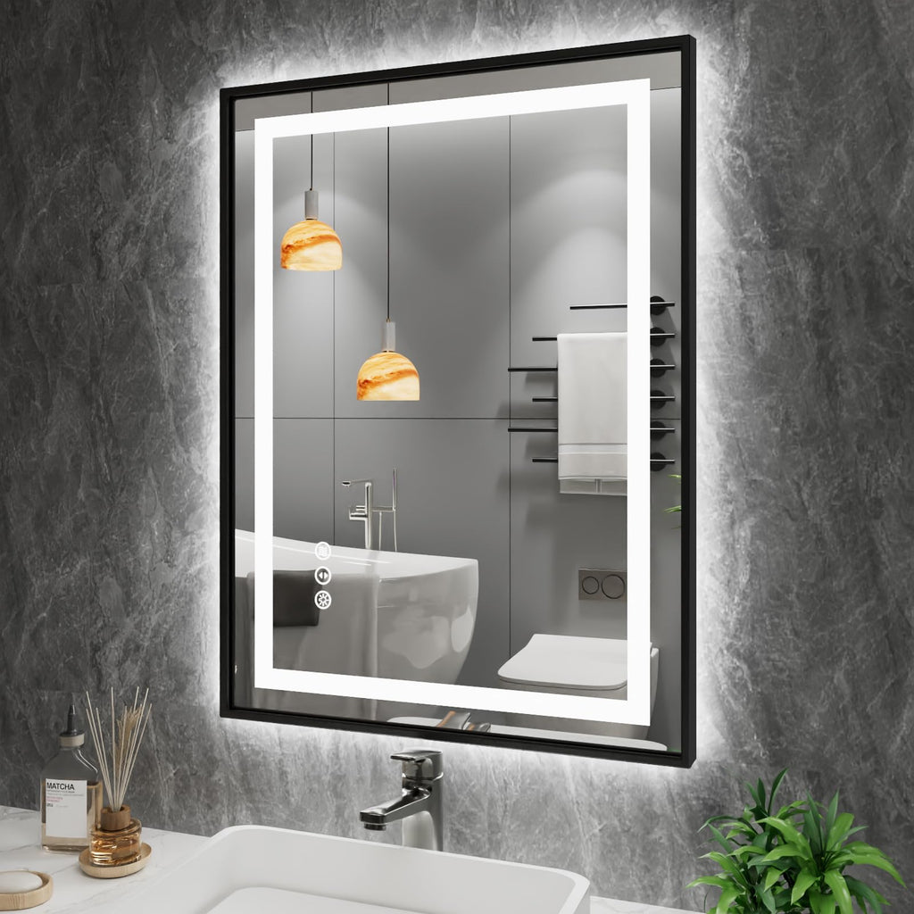 24"X32" LED Bathroom Mirror with Black Frame, Front Lit and Backlit