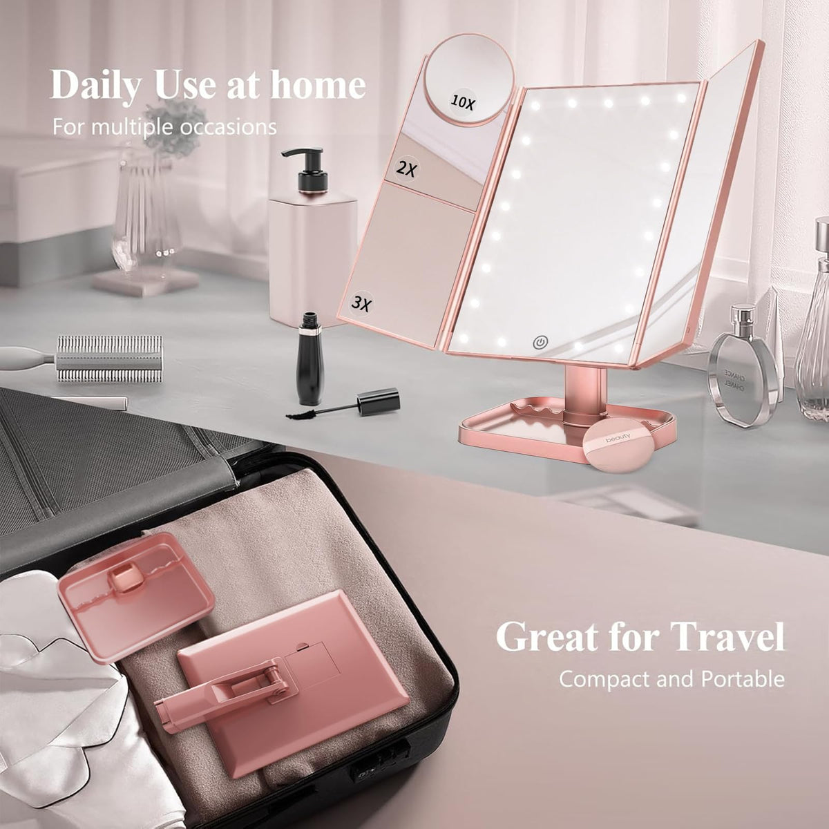 Magnifying Vanity Mirror with Light, Trifold Makeup Mirror