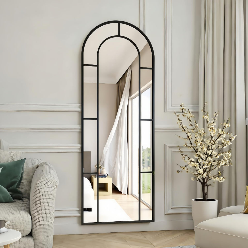 Arched Mirror Full Length, 56"x22" Windowpane Floor Mirror, Black
