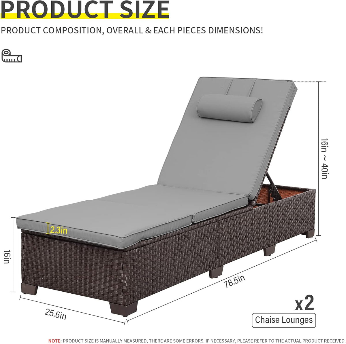 Outdoor Chaise Lounge Set Patio Lounge Chairs Outside Pool Lounger Furniture Set of 2 Brown Wicker Recliners with