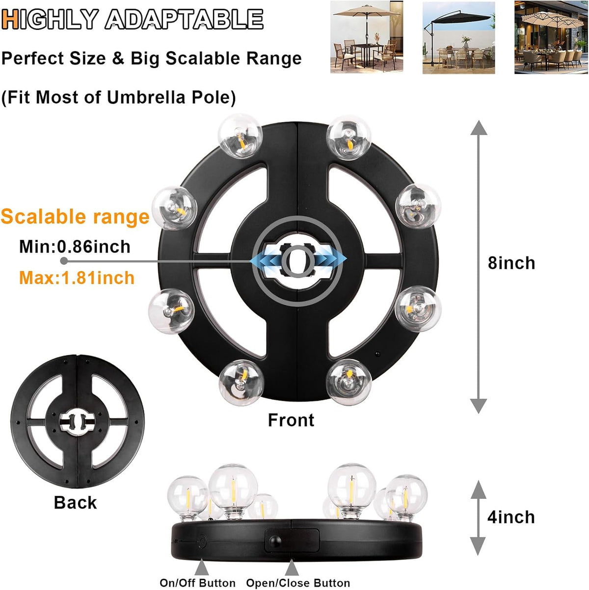 Umbrella Lights Outdoor Patio, Rechargeable Cordless with Dimmer &Timer