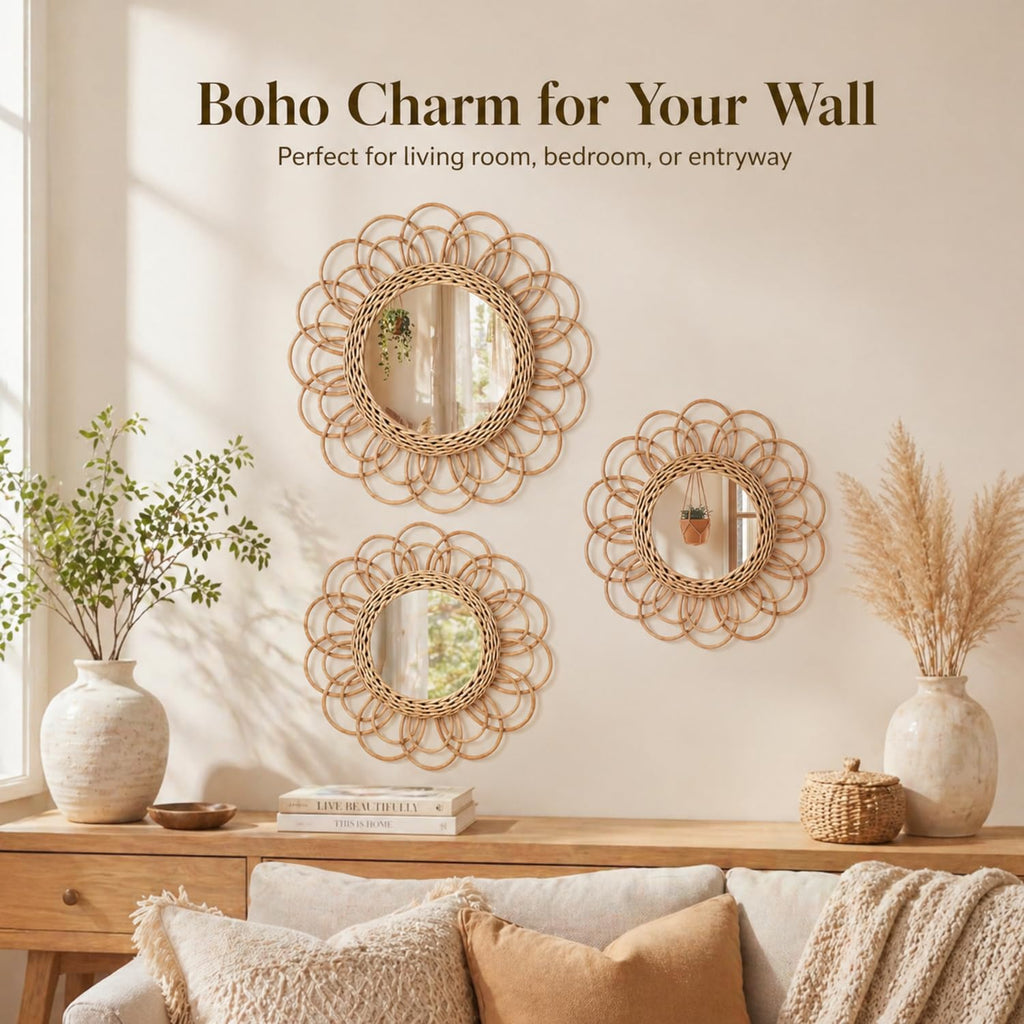 3 Pack Boho Rattan Mirror Wall Hanging Wicker Flower Decor