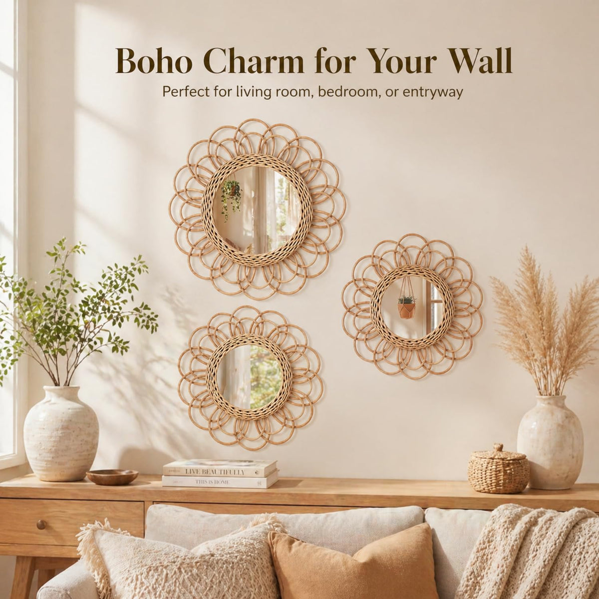 3 Pack Boho Rattan Mirror Wall Hanging Wicker Flower Decor