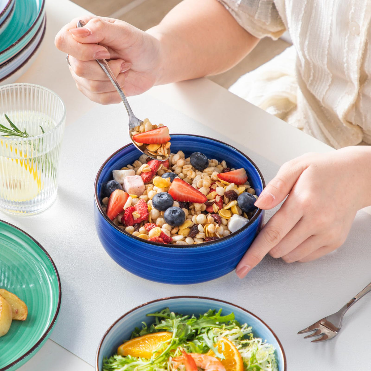 Bonita Dinnerware Sets 18 Pieces, Blue Stoneware Dishes Set for 6, Plates Set and Bowls Sets, Dishwasher and