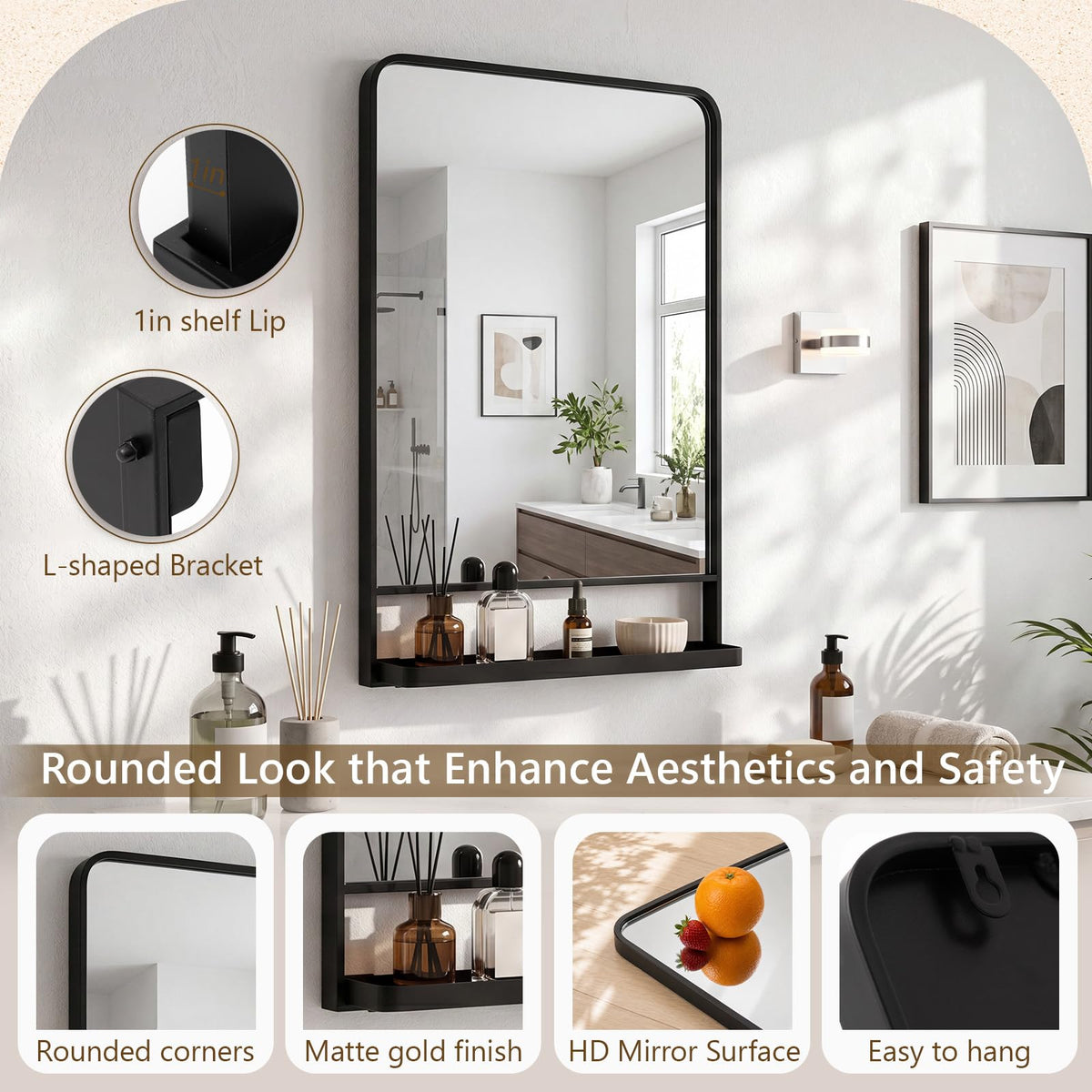 28x18 Inch Bathroom Mirror with Shelf, Black Metal Frame, 2 in 1