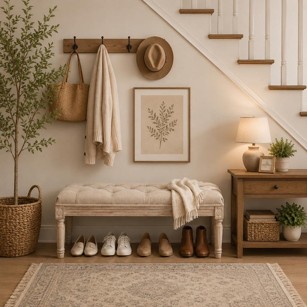 Fabric Entryway Bench with Button Tufted Seat and Rustic Wood Legs, Vintage Bedroom Bench End of Bed, Padded Extra