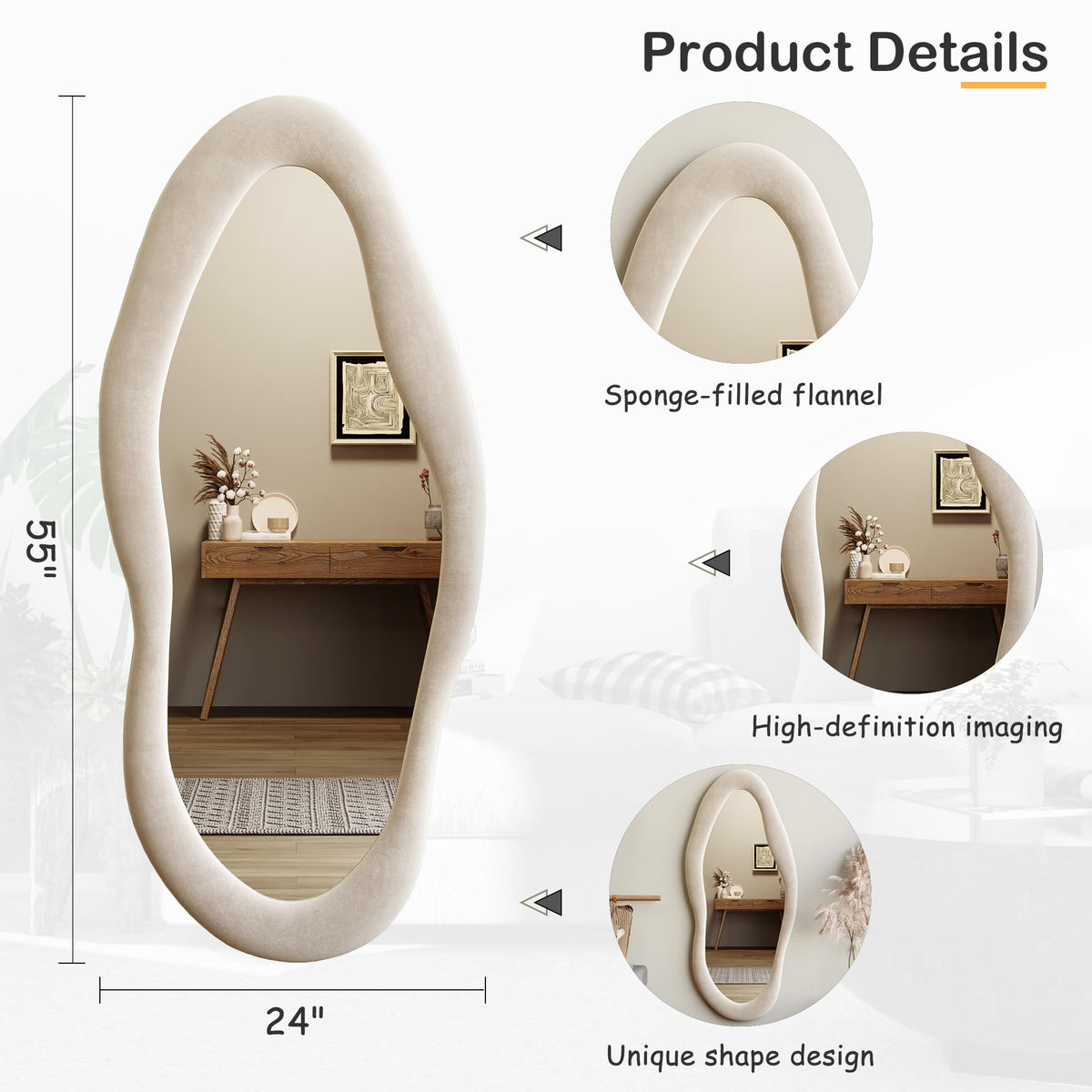 55" x 24" Wall Mirror, Flannel Wrapped Wooden Frame Wavy Mirror, Irregular Mirror Hanging