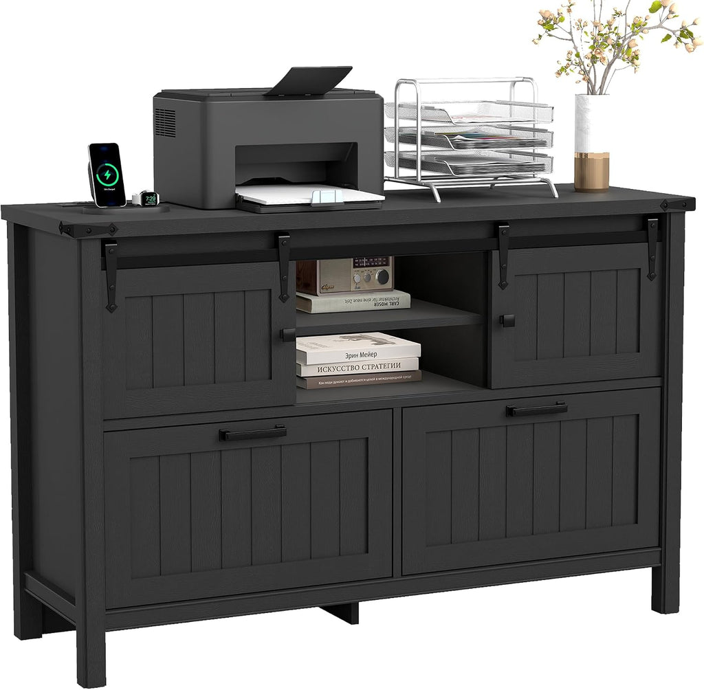 Lateral File Cabinet with Charging Station, Filing Cabinets | Farmhouse 2 Drawer Office Credenza with Outlets for