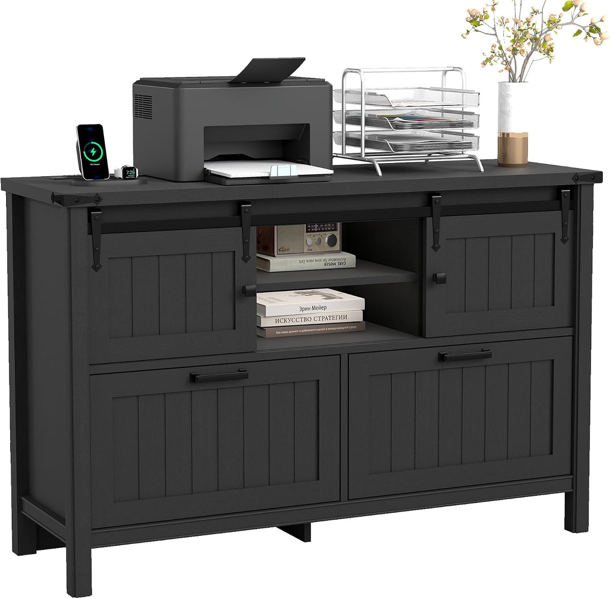 Lateral File Cabinet with Charging Station, Filing Cabinets | Farmhouse 2 Drawer Office Credenza with Outlets for