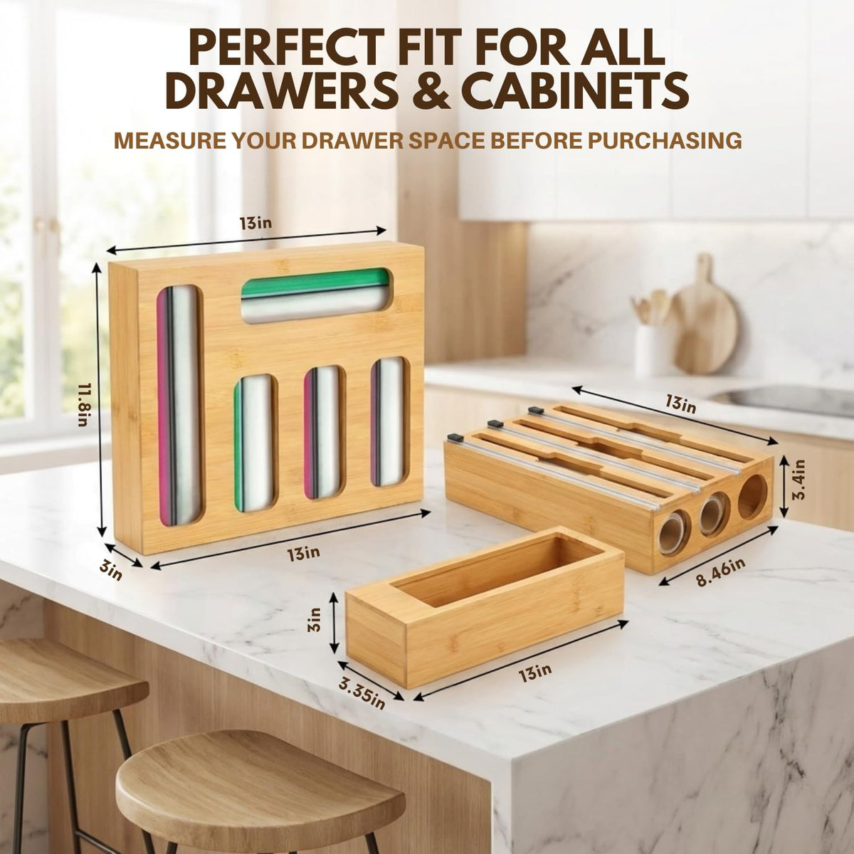 9 in 1 Bamboo Kitchen Drawer Organizer for Storage Bags, Foil & Plastic Wrap Holder with Built-In Cutter, Fits