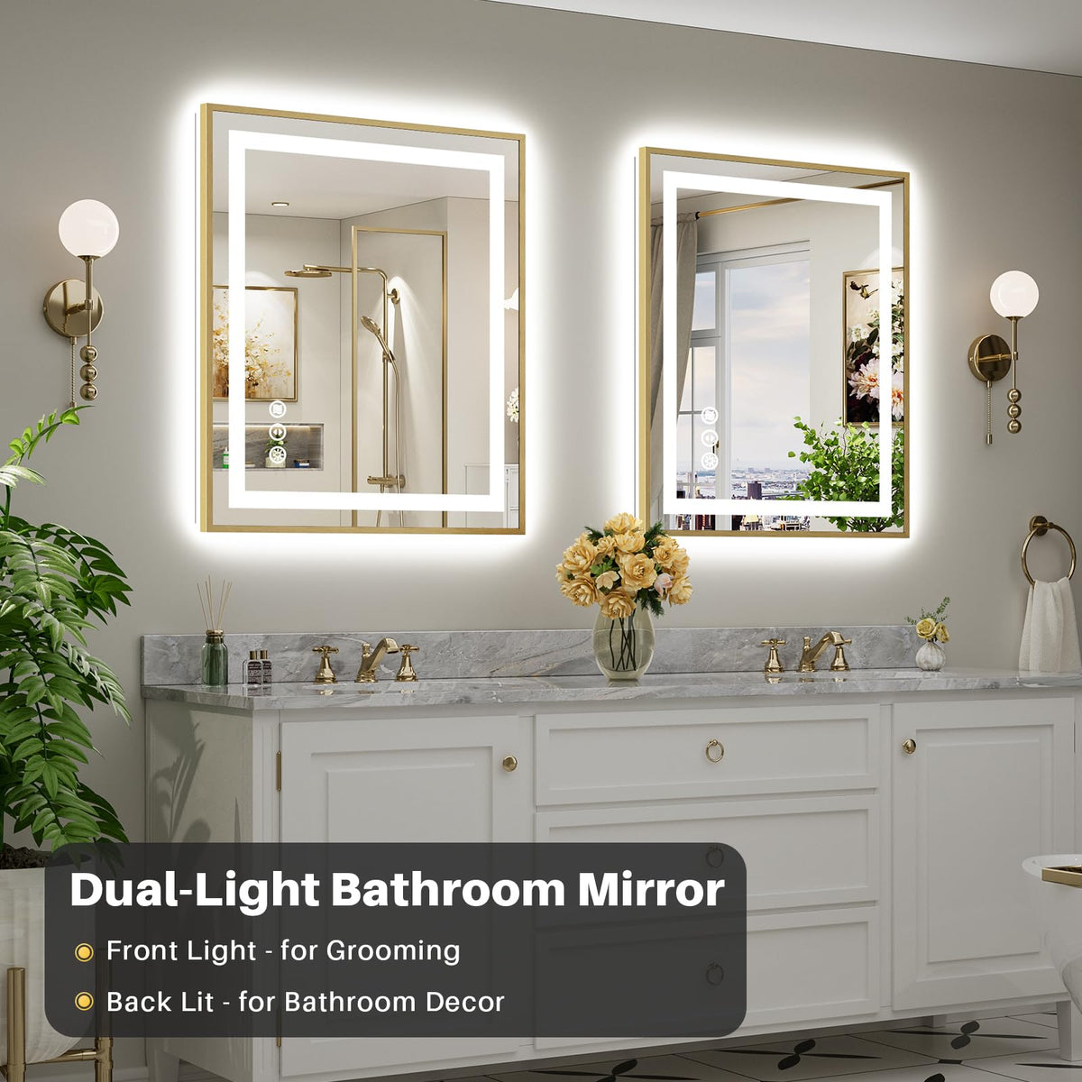 36x30 Inch LED Bathroom Mirror with Gold Frame, Backlit & Front Lit