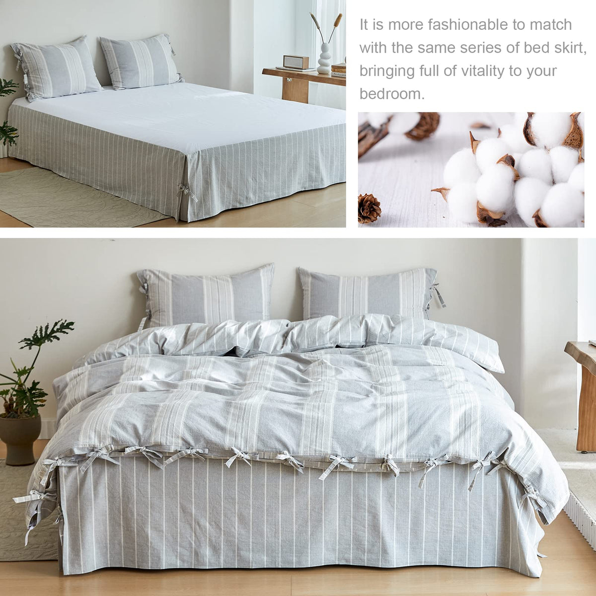 Striped Duvet Cover Set 3pcs 100% Washed Cotton Linen Like Textured with Bowknot Bow Ties Strap Reversible Breathable