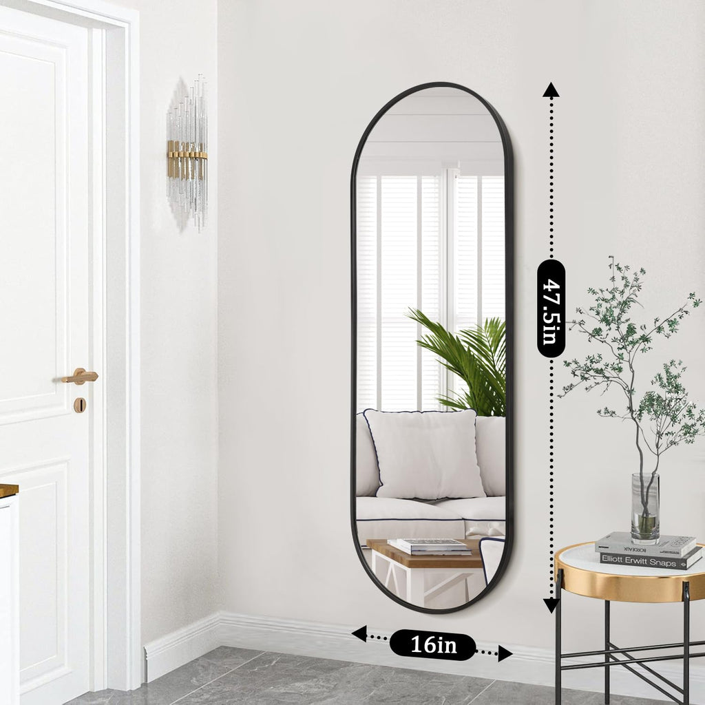 Bathroom Wall Full Length Mirrors for Wall Oval Mirror Black Metal Framed Mirrors 48"X18" Matte Bedroom Vanity