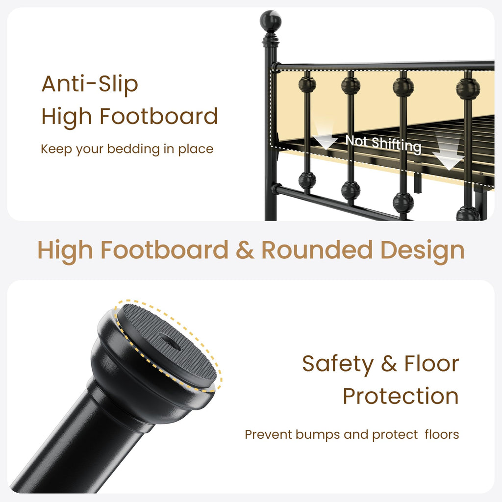 Metal Bed Frame, Victorian Headboard & Footboard, Black