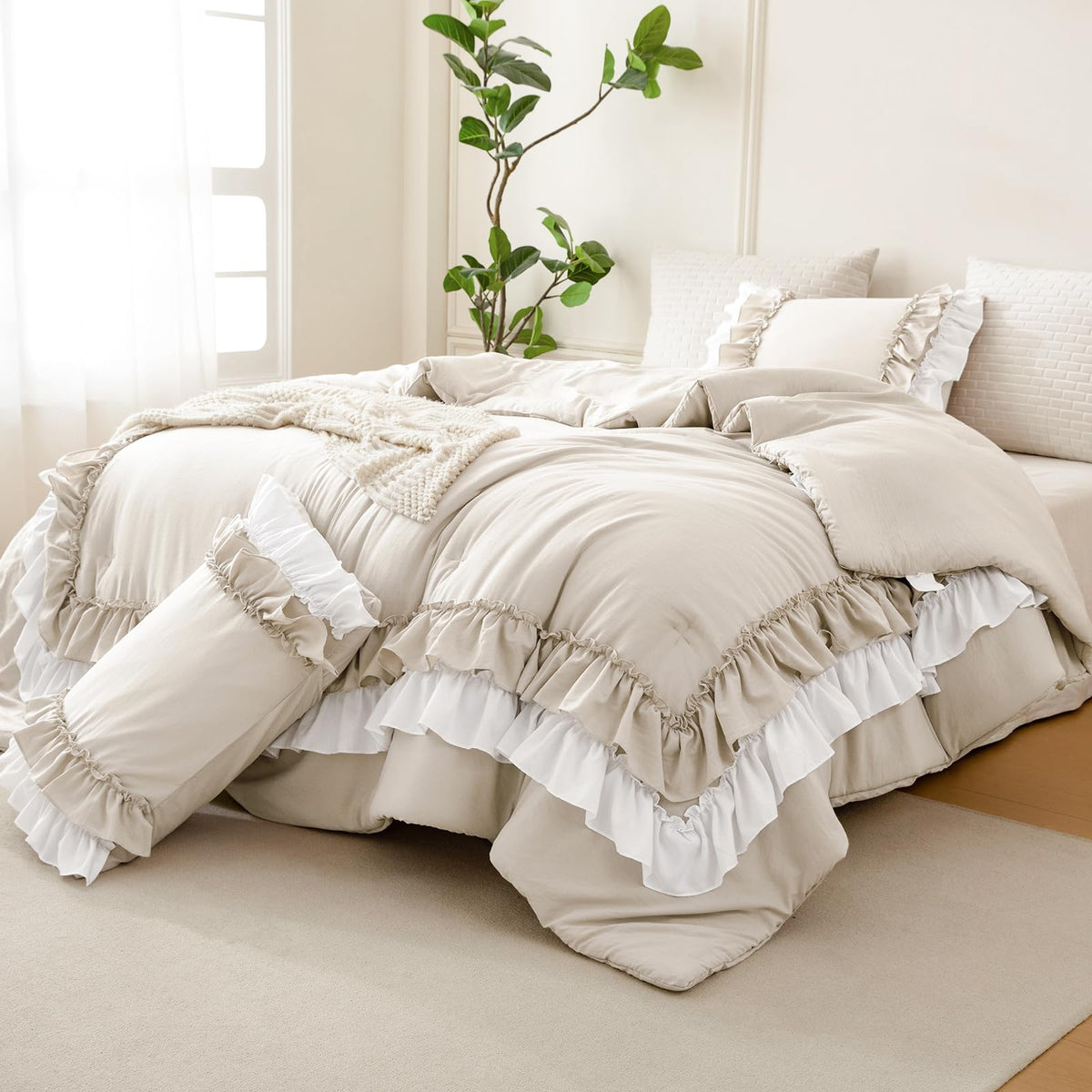 Ruffled Comforter Set, Farmhouse Shabby Boho Chic Bedding Wheat and White Ruffle Comforter Vintage Rustic French