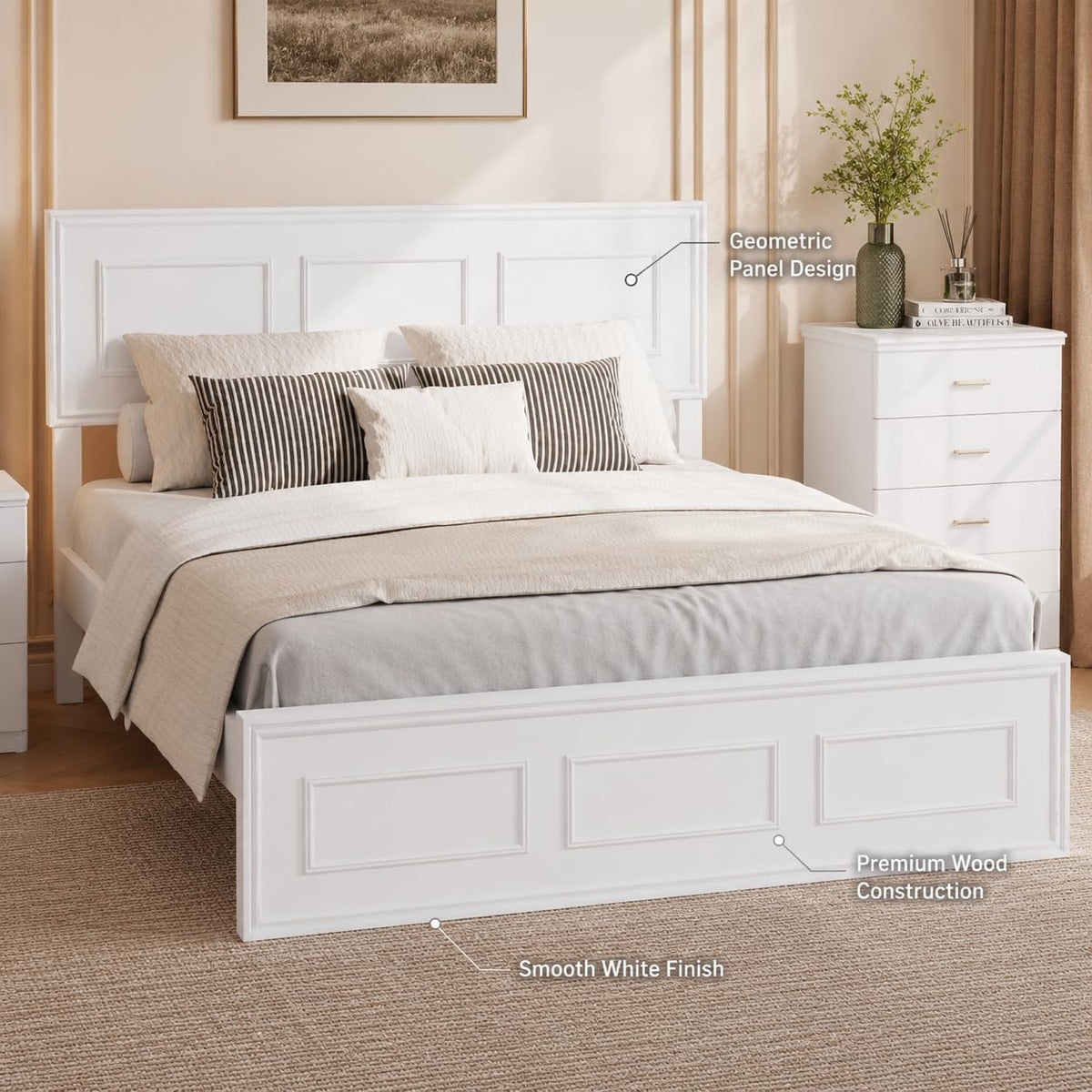 White Farmhouse Wood Bed Frame with Adjustable Headboard