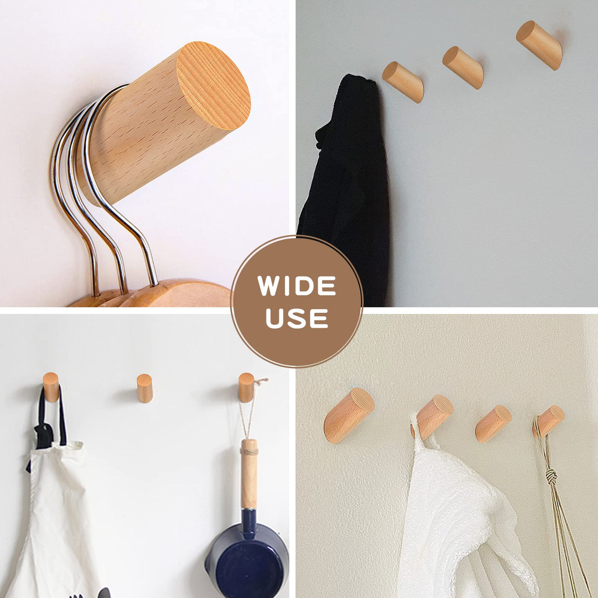 Wood Wall Hooks, 6 Pack Natural Wooden Coat Hooks Wall-Mounted, Rustic Heavy Duty Hook for Hanging Towels Coats