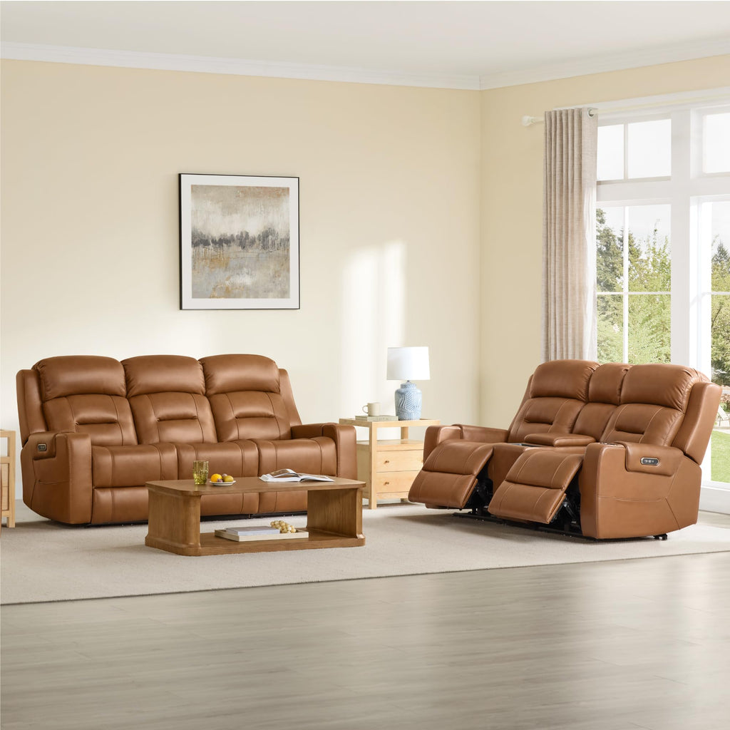 Genuine Leather Power Reclining Sofa & Loveseat Set, Saddle