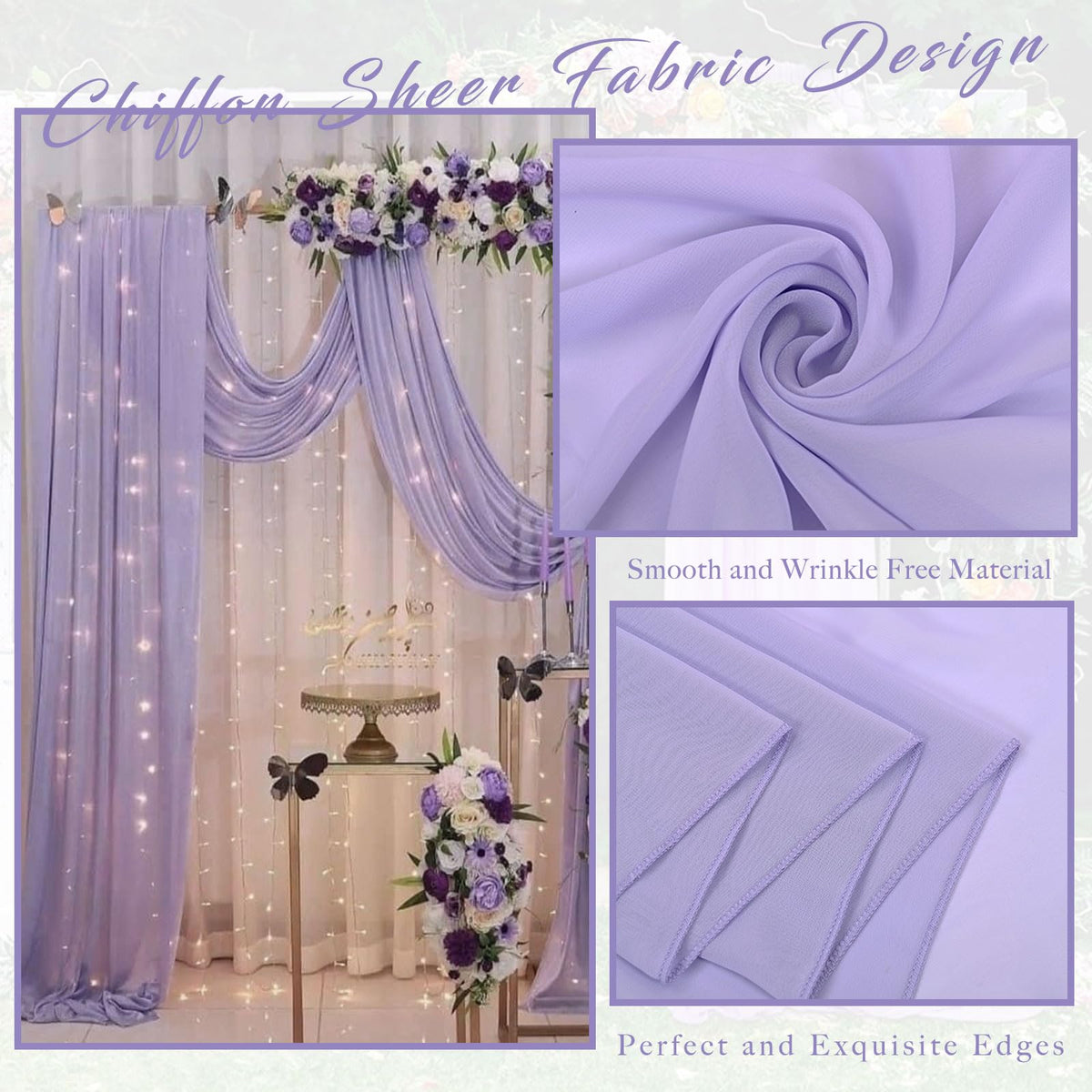 Wedding Arch Draping Fabric 2 Panels 20Ft Length x 28" Width Lilac Arch Drapes Chiffon Fabric Sheer Curtains Backdrop