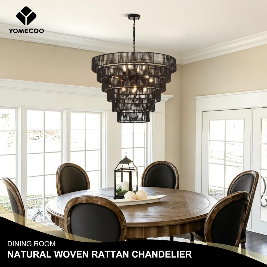 31.49" Large Black Rattan Chandelier, 12-Light Wicker Light Fixture