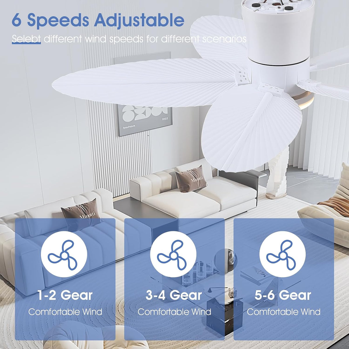Palm Leaf Ceiling Fans with Lights-42 Tropical Ceiling Fan with Light and Remote/APP Control,Flush Mount Low Profile White Ceiling Fans for Bedroom,Indoor/Outdoor Patio Use