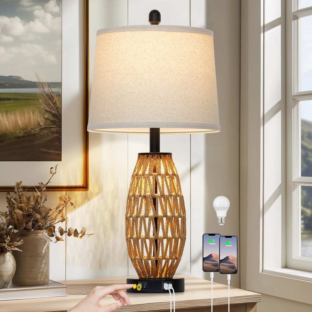 27" Boho Rattan Table Lamp with Night Light, Wicker Bedside Lamp with USB A+C Charging Port, Woven Coastal Bedroom