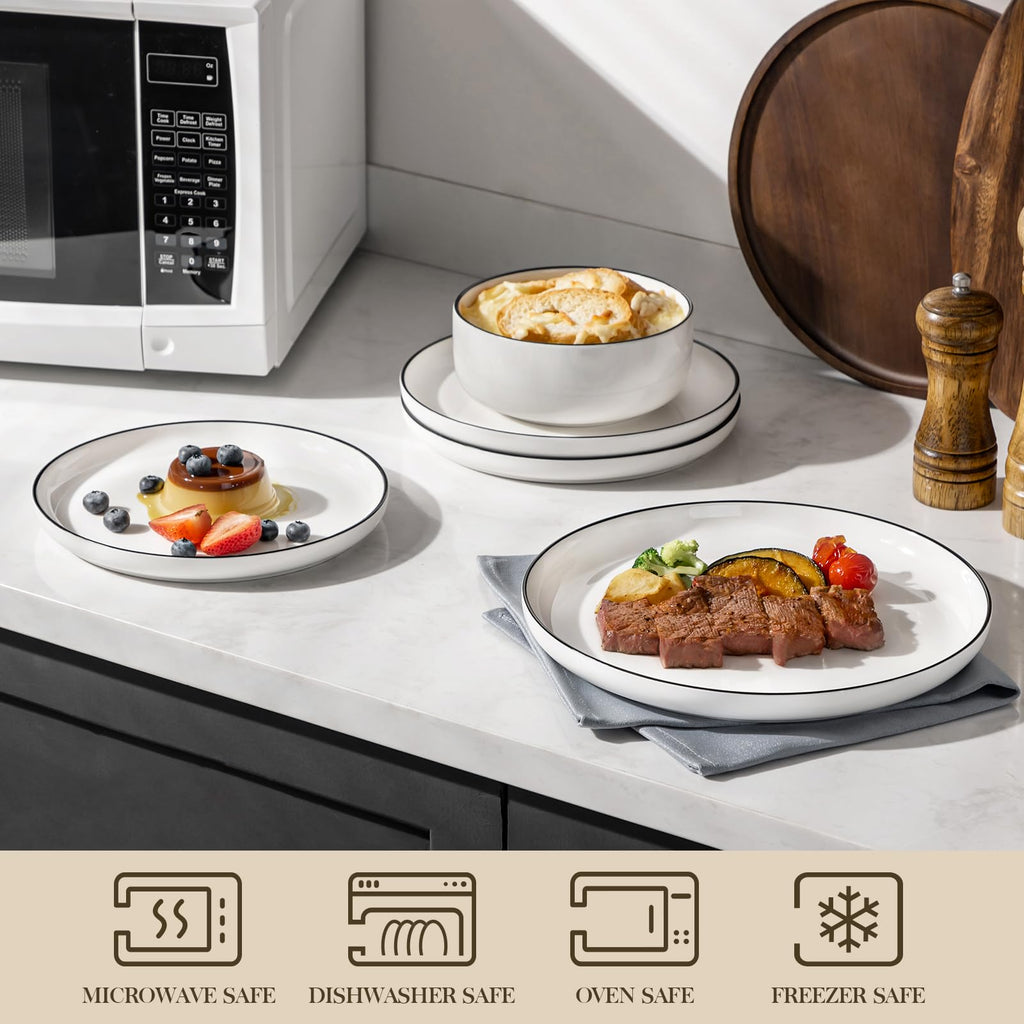 Plates and Bowls Sets, 12 Pieces Modern Porcelain Dinnerware Set for 4 White Kitchen Dinner Dining Ware Set wtih