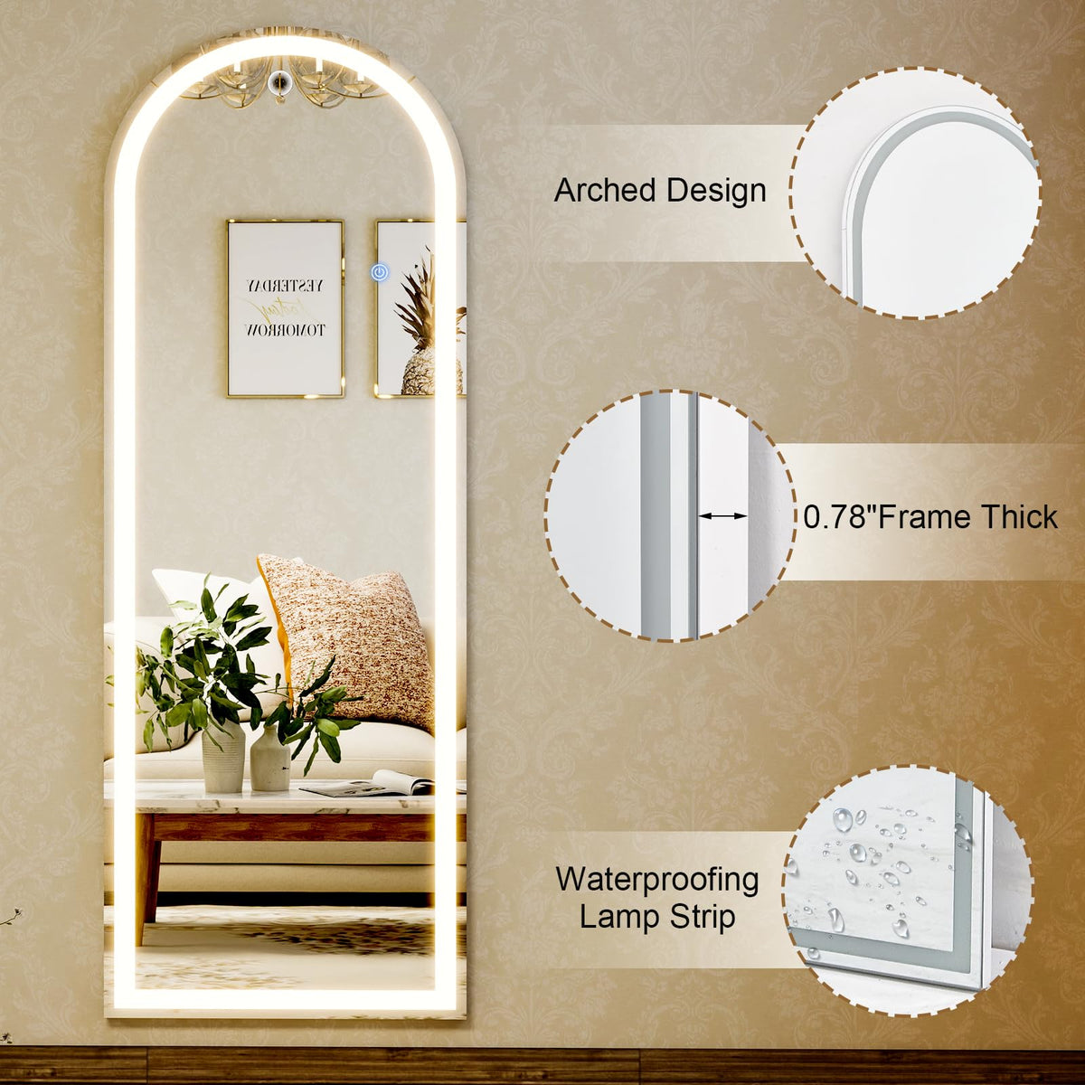 20"x56" Arched Full Length Mirror LED Lighted Floor Standing Mirror