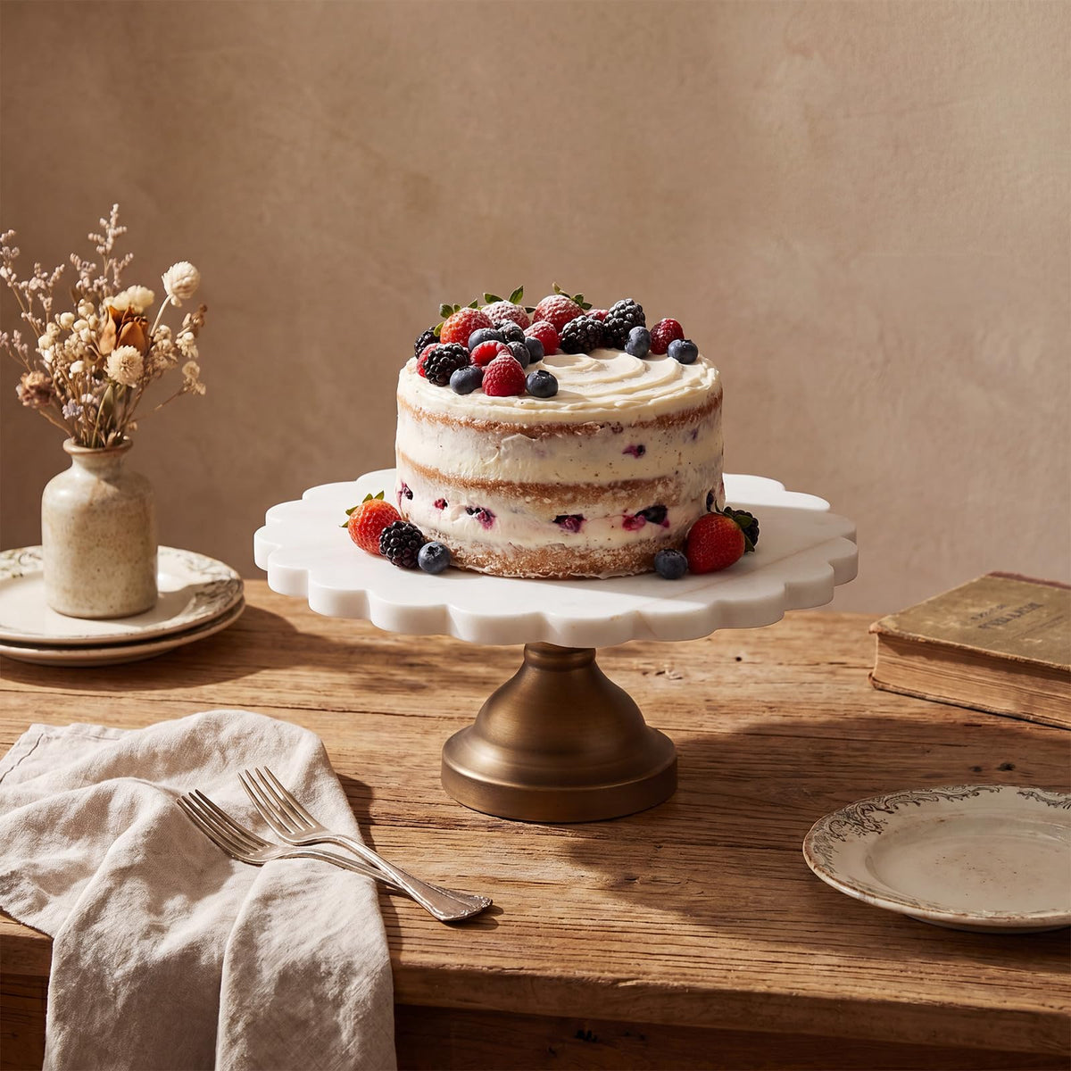 12" Marble Cake Stand, Scalloped Rim Dessert Platter, White