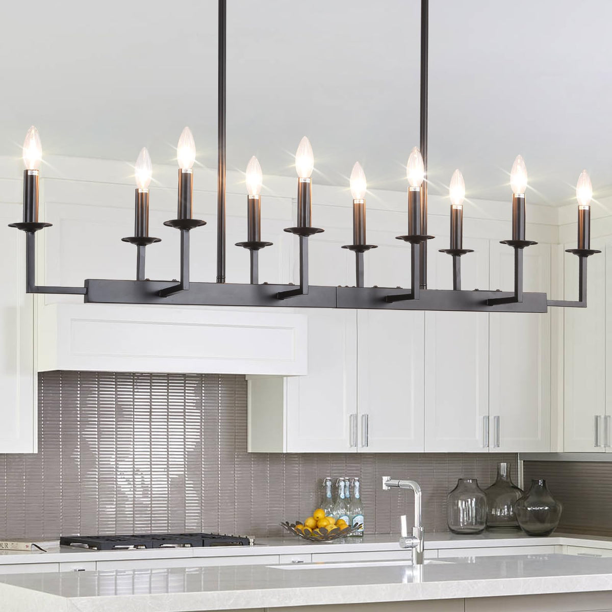 Rustic Black Linear Chandelier,Extra Long Candle Chandelier,Black Light Fixture Living Room Kitchen Island