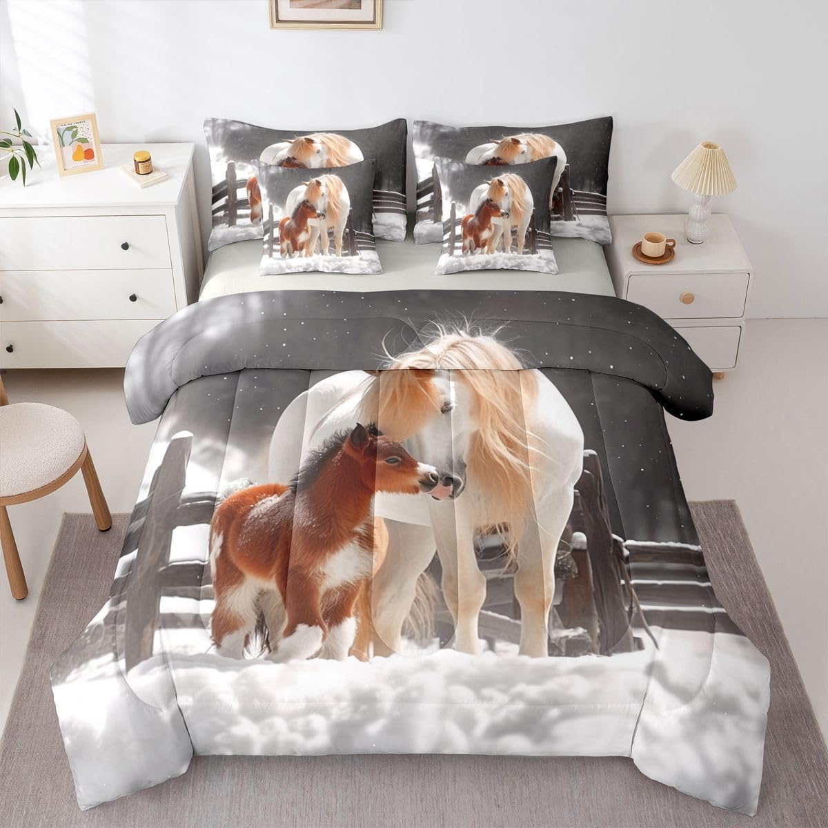 Western Horse 7 Piece Bedding Set | Rustic Cabin Snow Winter Comforter Set with Sheets Horse Bed in A Bag 3D