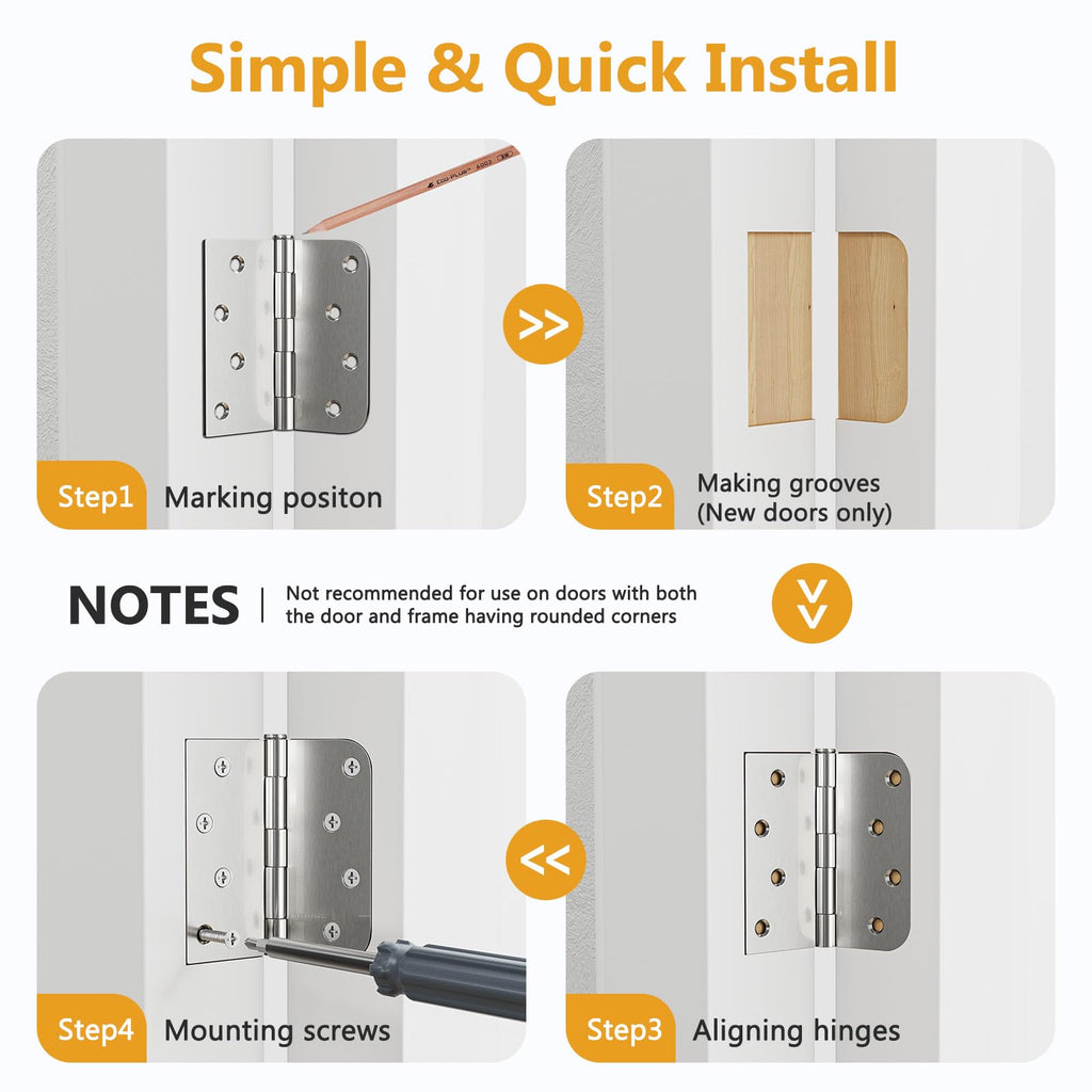 6 Pack Brushed Nickel Door Hinges 4 Inch, Exterior Door Hinges with Square & 5/8" Radius, Removable Pin, Perfect for