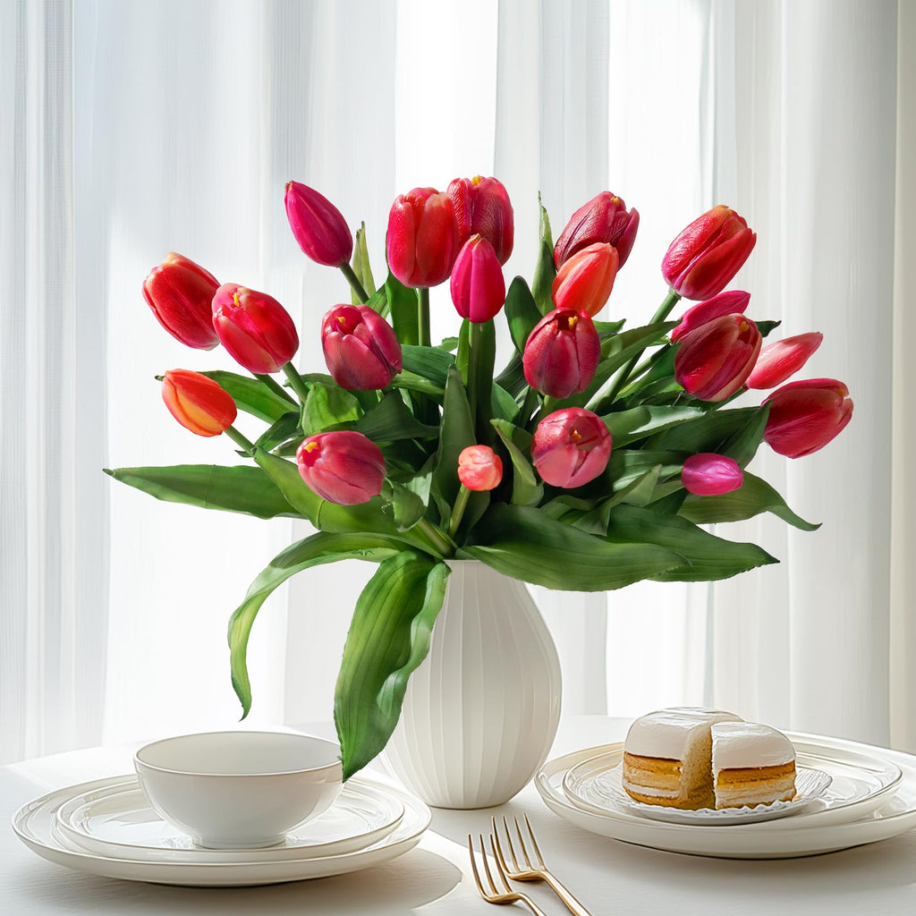 20PCS Fake Tulips Artificial Tulip Silk Flowers Fake PU Bouquet Artificial Flowers Faux Flowers with Gift Box Soft