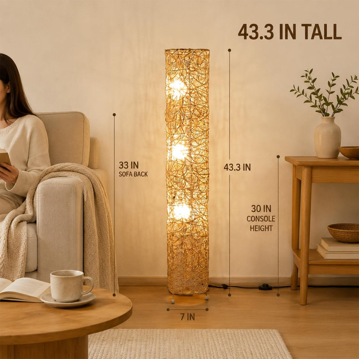 43in Boho Rattan Floor Lamp with 3 E26 LED Bulbs&3 Color Temperatures