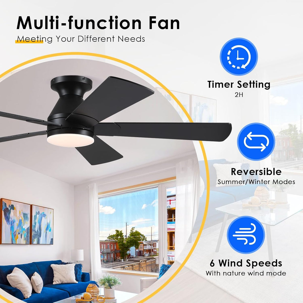 52" Black Indoor/Outdoor Flush Mount Ceiling Fan with Light & Remote