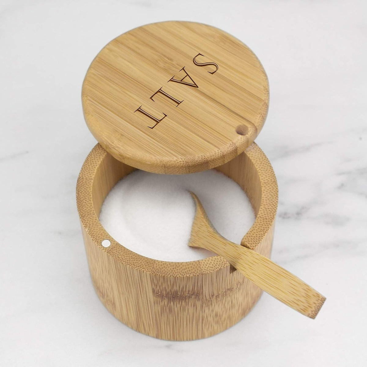 Salt Cellar Bamboo Storage Box with Magnetic Swivel Lid, 6 Ounce Capacity, Engraving on Lid, Includes Salt Spoon