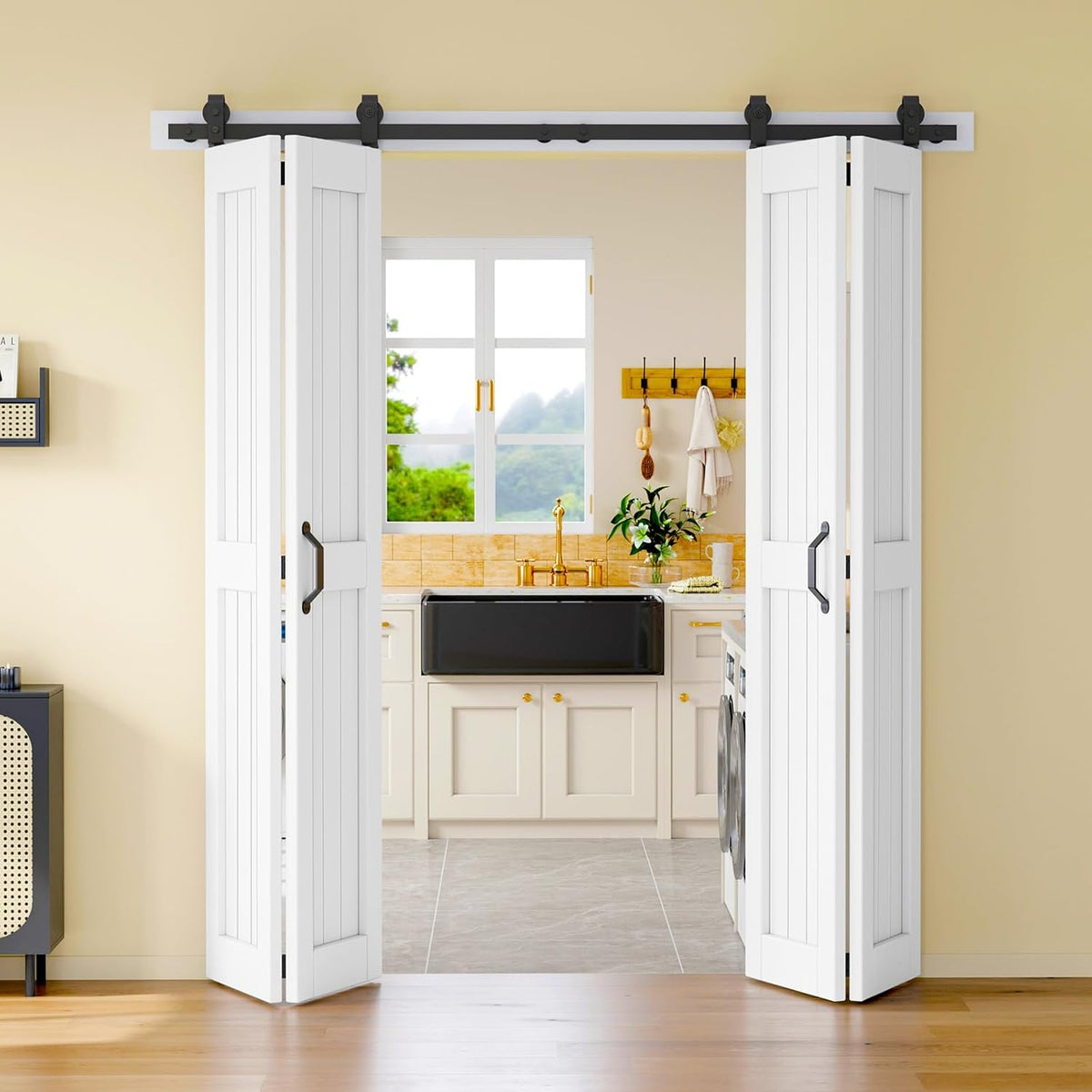 Bifold Barn Doors for Closet 72'' x 84'', Double Bifold Barn Door with Hardware Kit Included,80'' Track Kit for 4