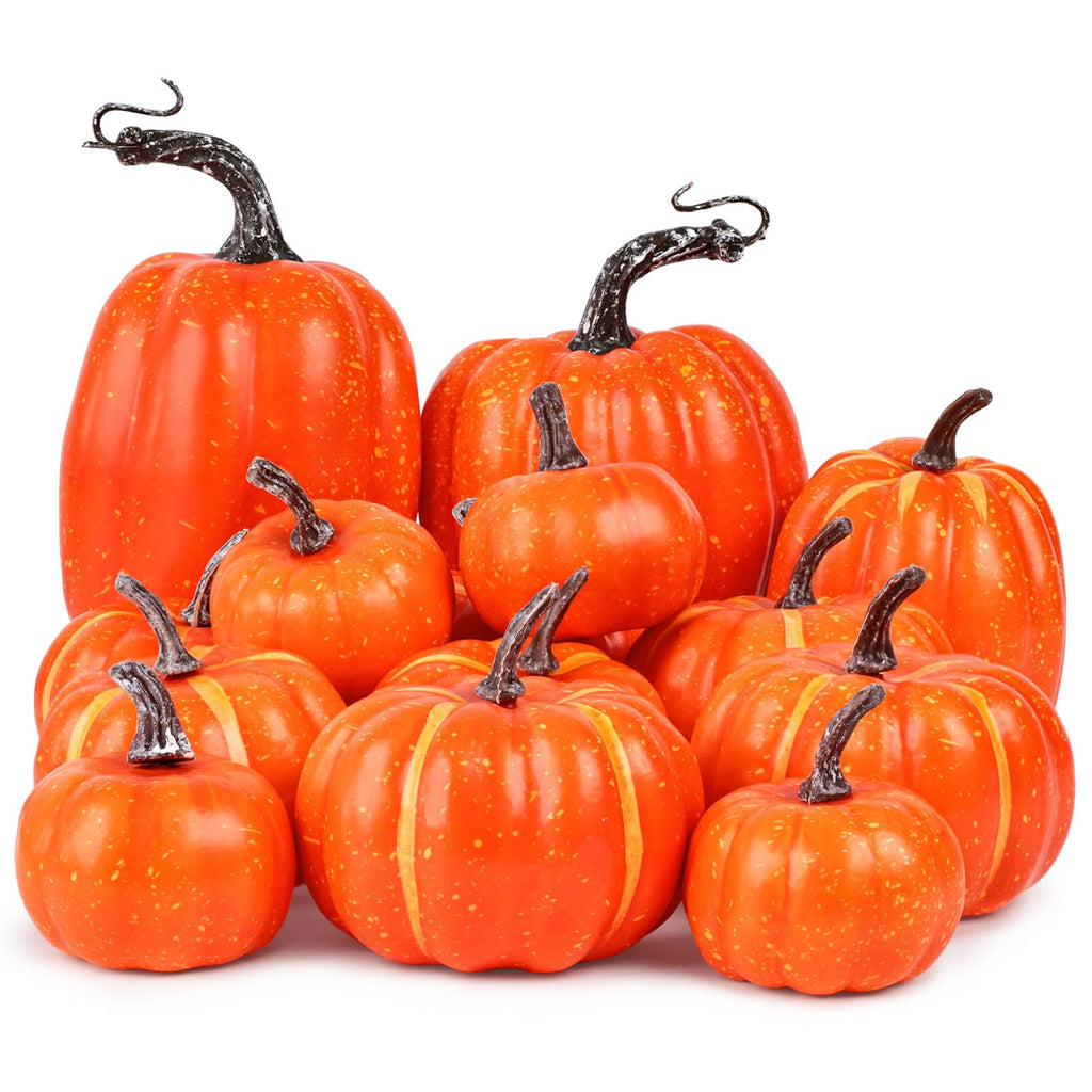 14 PCS Pumpkin Decor, Artificial Foam Fake Orange Pumpkins