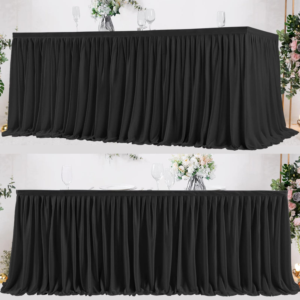 Black Polyester Table Skirt for Rectangle Tables 8ft, Wrinkle Resistant Pleated Ruffle Table Cloth for Banquet
