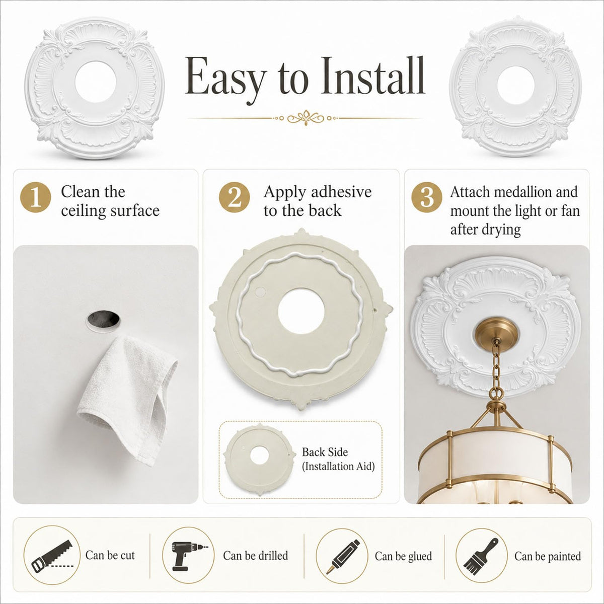 PU Ceiling Medallion for Light Fixtures and Ceiling Fans,White,1-Pcs