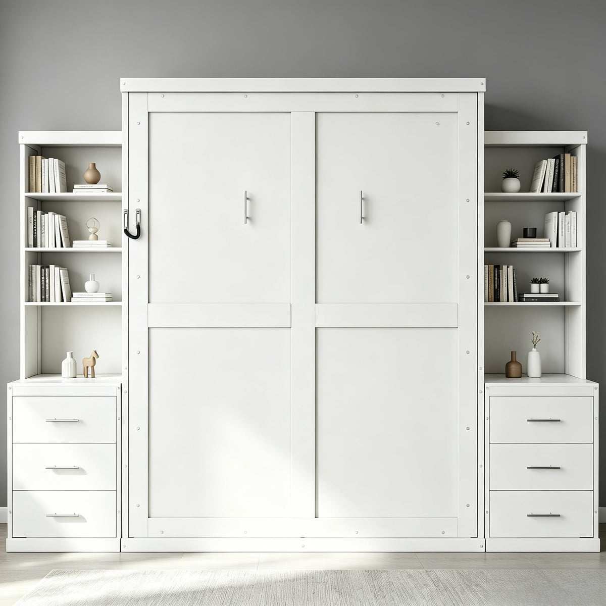 Full Murphy Bed with Storage Shelves and Drawers, Solid Wood Foldable Hidden Murphy Wall Bed with Storage Bookcase