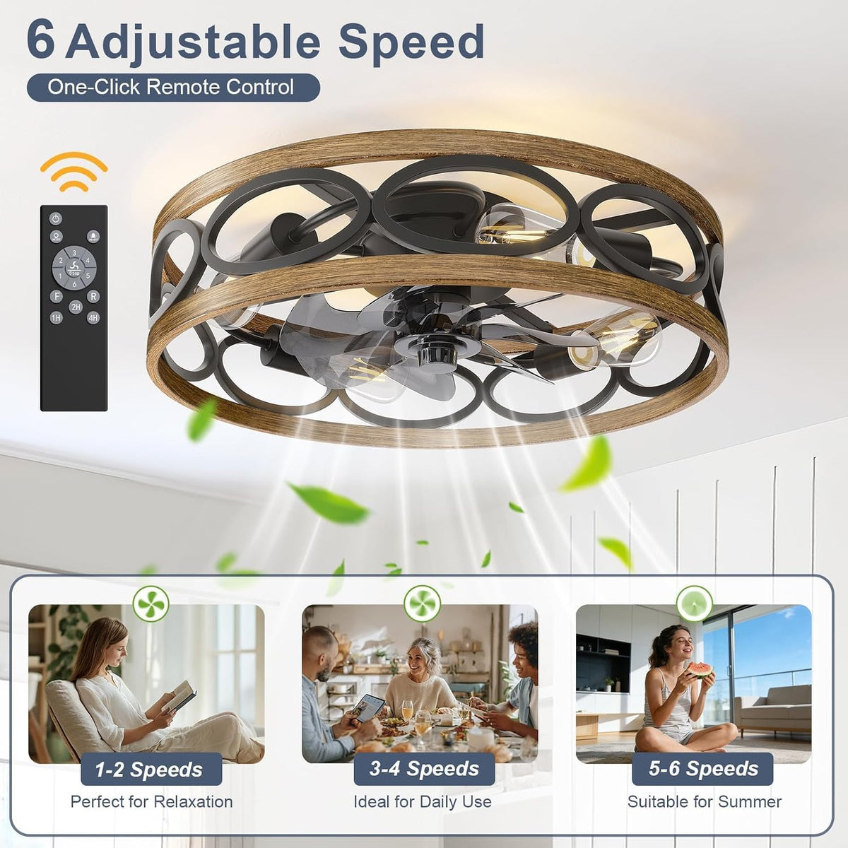 20" Flush Mount Caged Ceiling Fan with Light & Remote