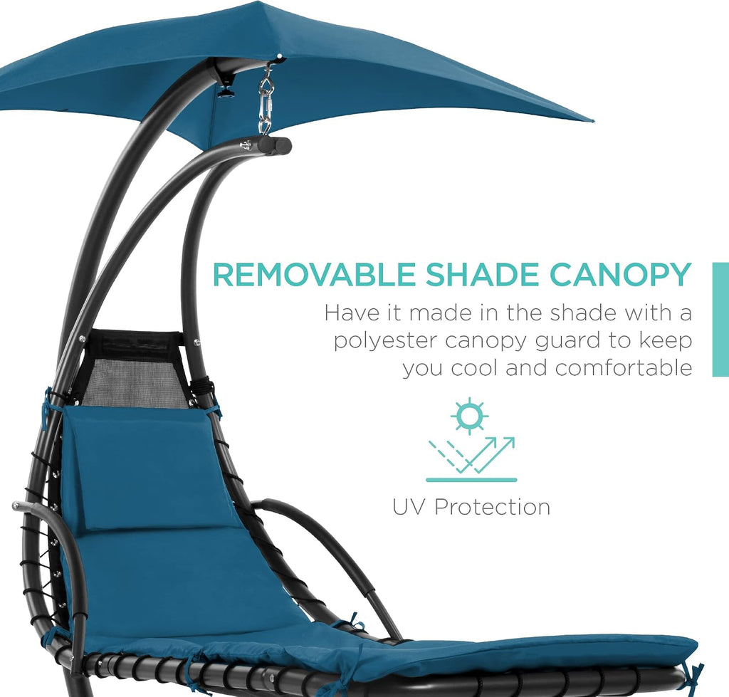 Outdoor Hanging Curved Steel Chaise Lounge Chair Swing w/Built-in Pillow and Removable Canopy - Peacock Blue
