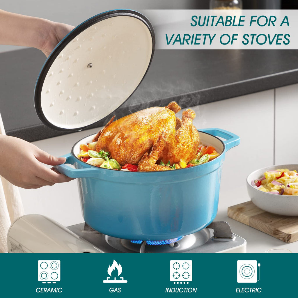 6 Qt Round Enameled Cast Iron Dutch Oven with Lid & Handles, Blue