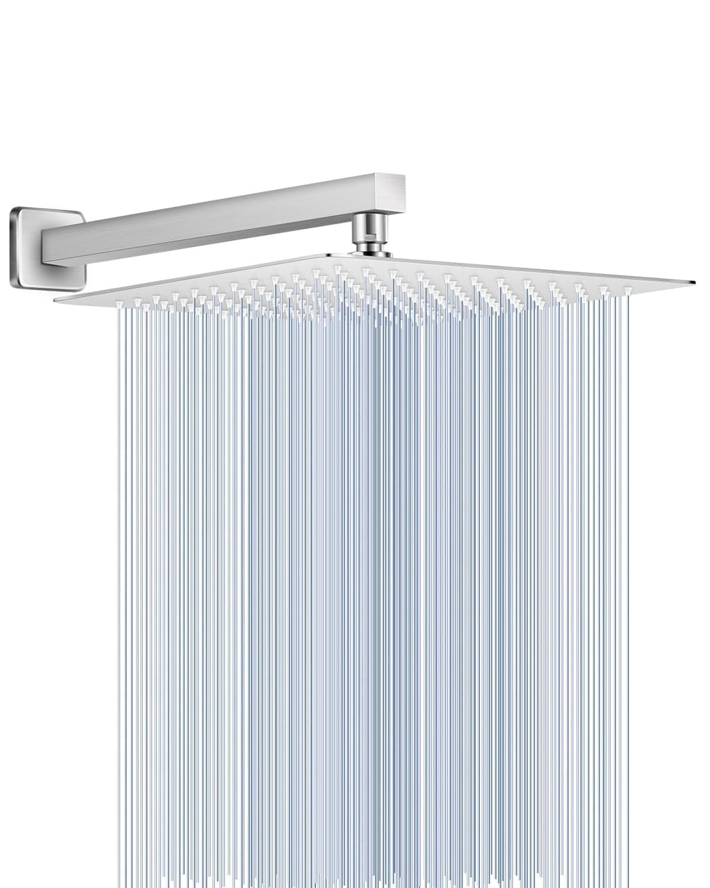 All Metal Rainfall Shower Head with Extension Arm Brushed Nickel, 12" Large Rain Square Showerhead with 16" Shower
